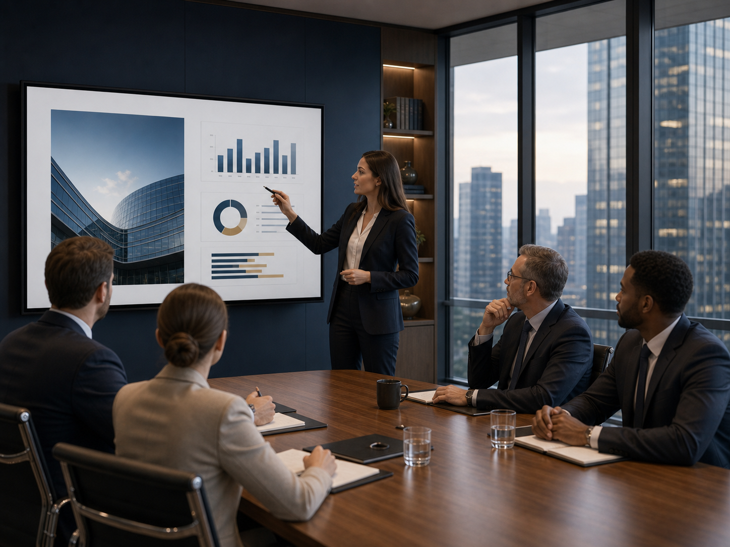 Consultant presenting a proposal to clients in a boardroom