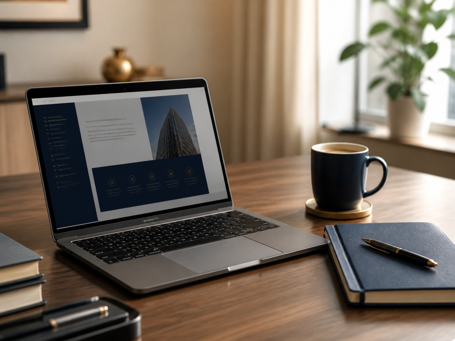 Laptop and coffee on a refined consulting workspace