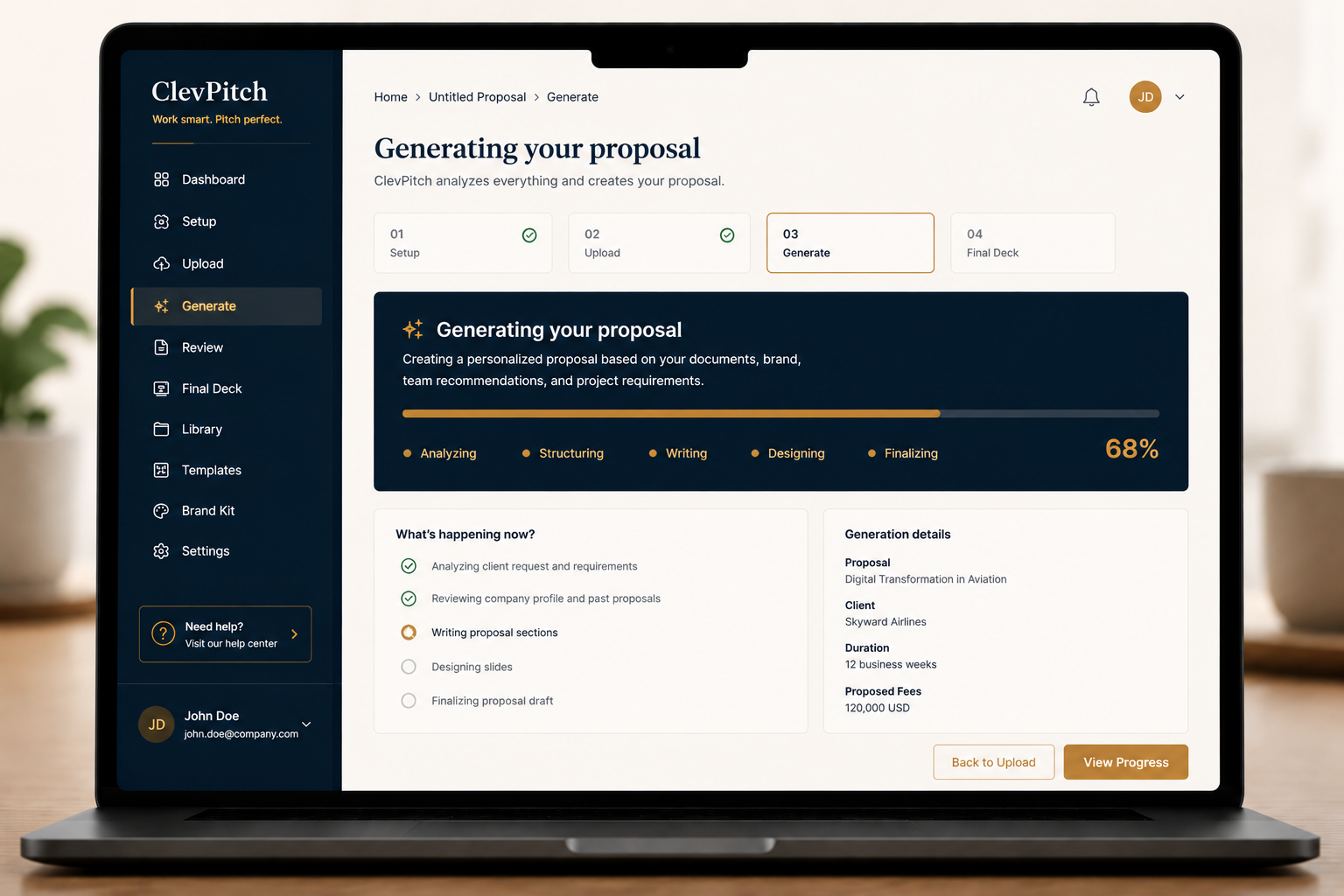 ClevPitch proposal generation progress screen