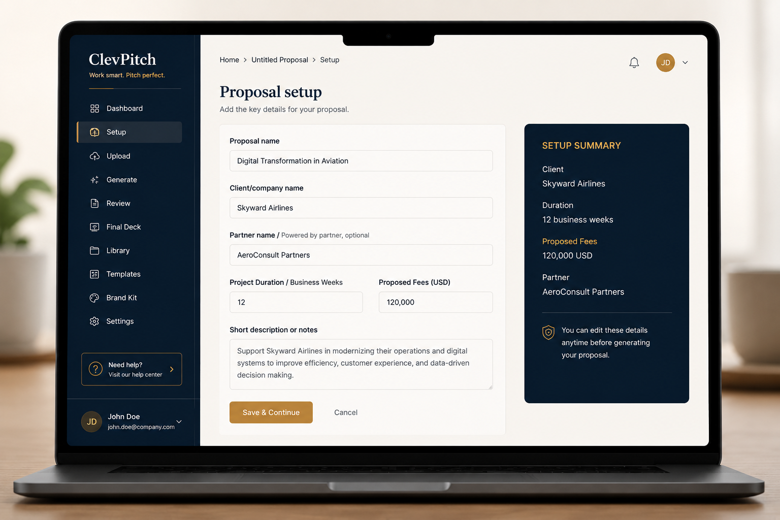 ClevPitch setup screen for entering project information