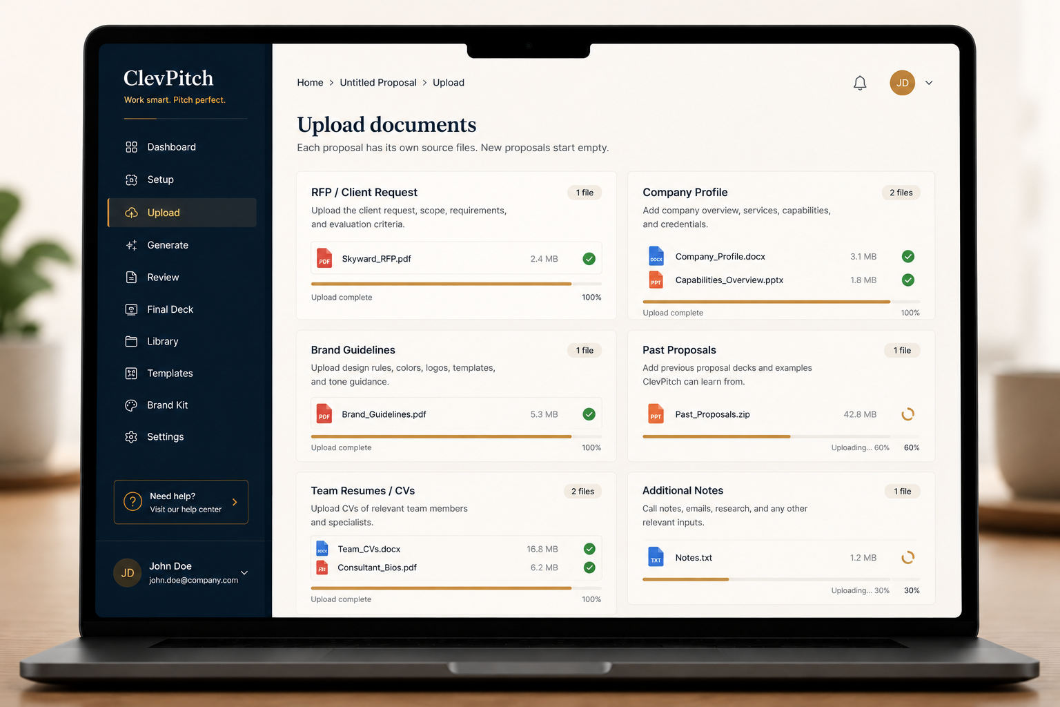 ClevPitch upload screen with proposal source documents